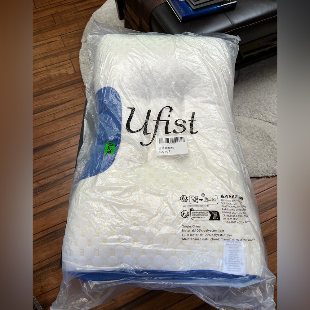 Cream and Blue Bedding Pillow. For neck and back.